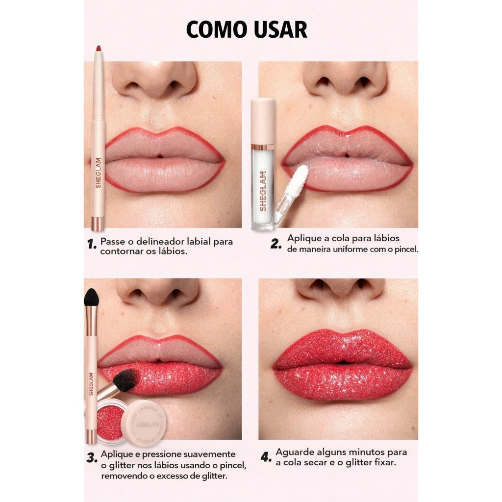 Kit Batom Glitter Sheglam 3em1 Com Delineador Cola E Pincel 100% Original