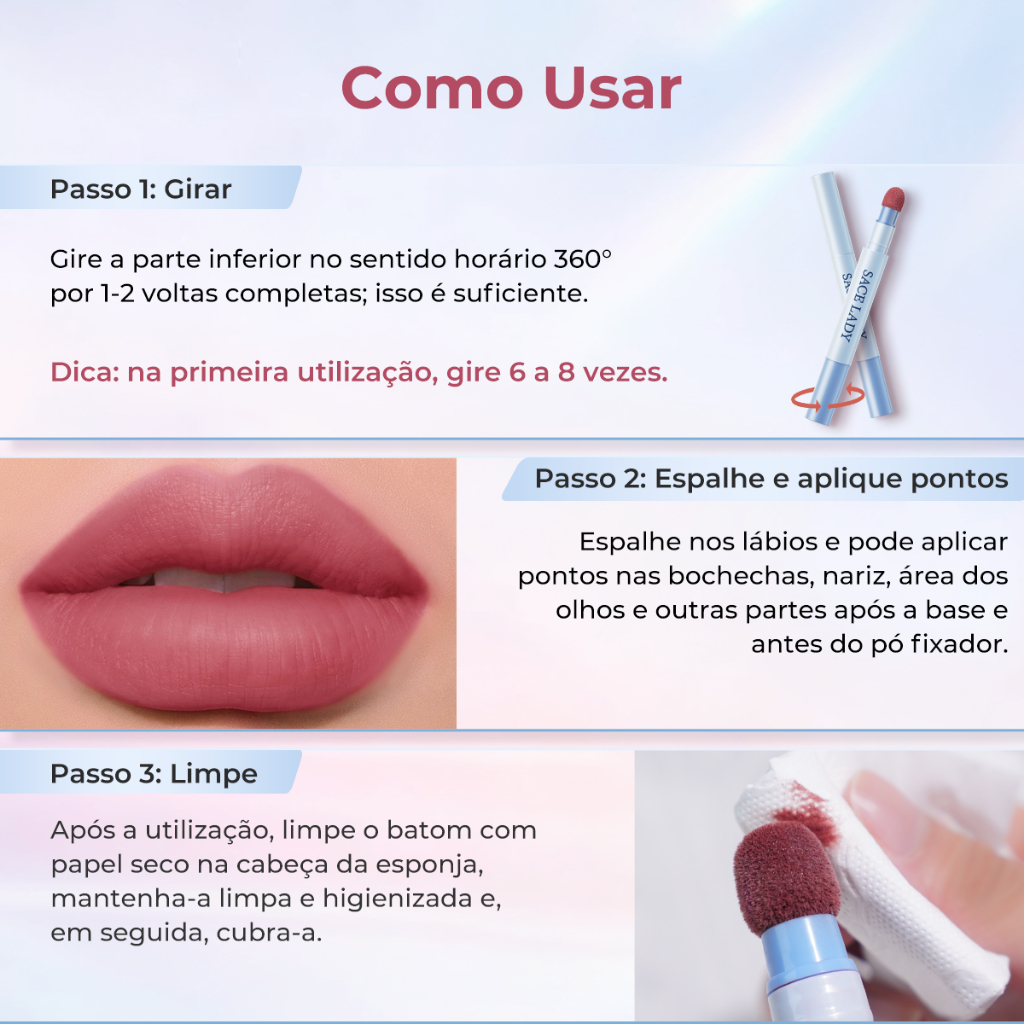 Cushion Labial Creme em Pó SACE LADY acabamento mate longa duração