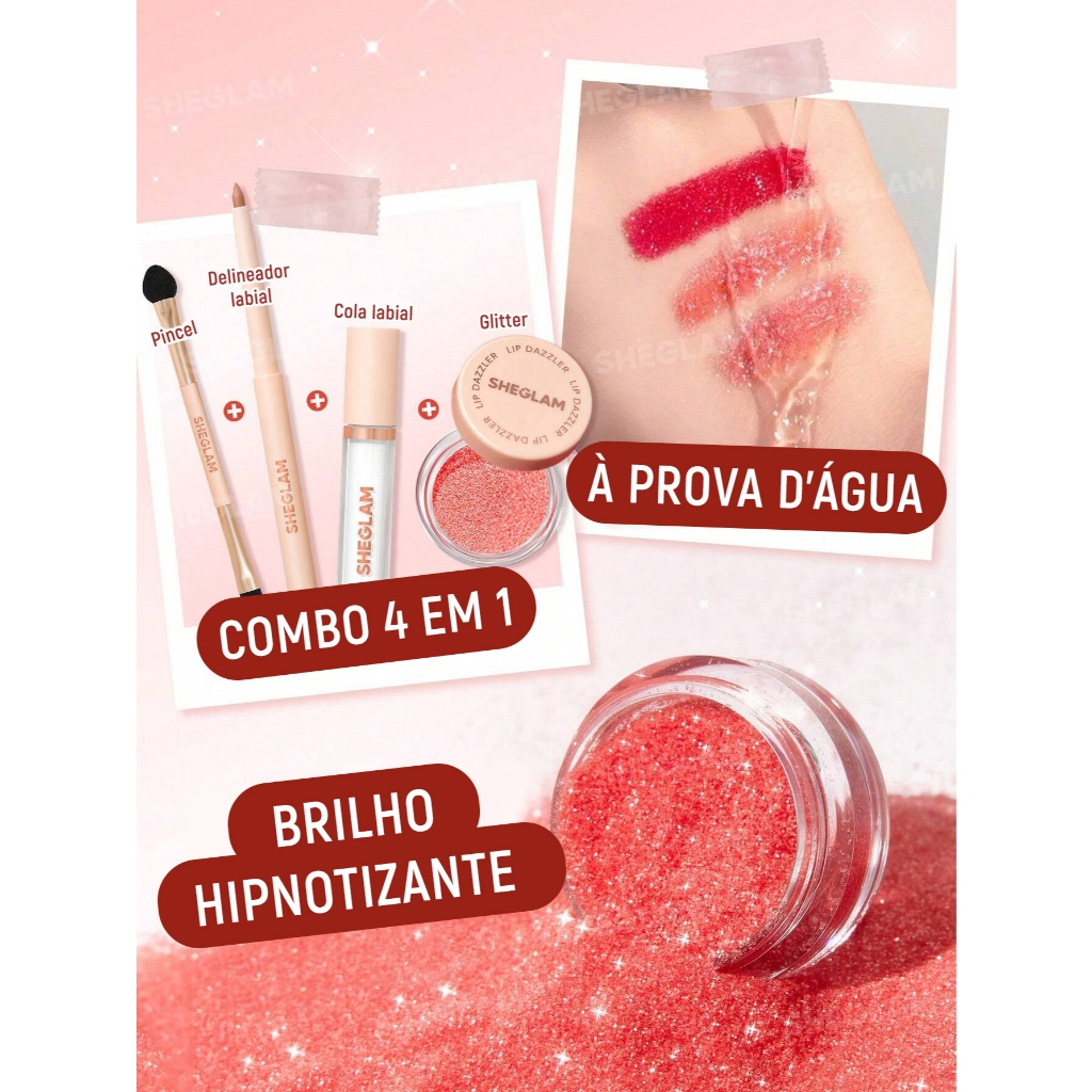 Kit Batom Glitter Sheglam 3em1 Com Delineador Cola E Pincel 100% Original